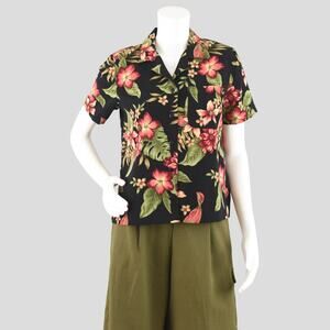 Vintage 90s Dark Tropical Floral Button Down Top, Women's Petite 6